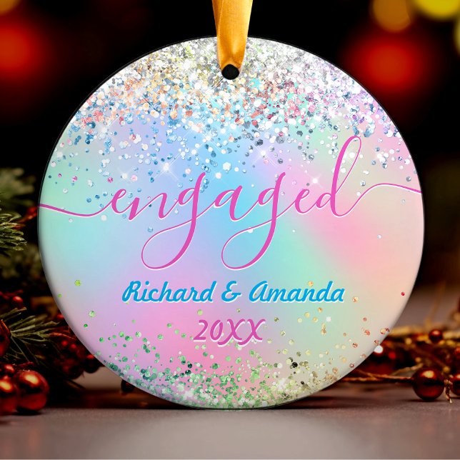Cute iridescent unicorn glitter Christmas engaged Ceramic Ornament (Creator Uploaded)