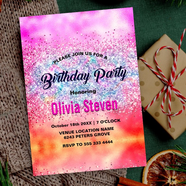 Cute iridescent unicorn ombre glitter monogram invitation (Creator Uploaded)