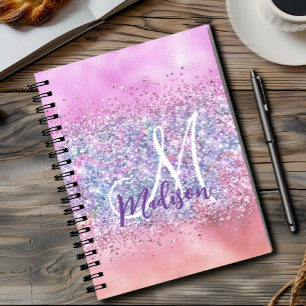 Cute iridescent unicorn ombre glitter monogram notebook