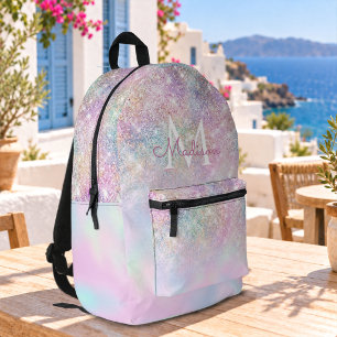 Cute iridescent unicorn ombre glitter monogram printed backpack
