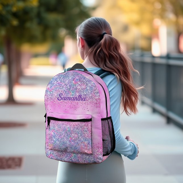 Cute iridescent unicorn ombre glitter monogram  printed backpack (Creator Uploaded)