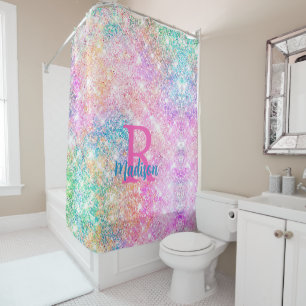 Cute iridescent unicorn pink faux glitter monogram