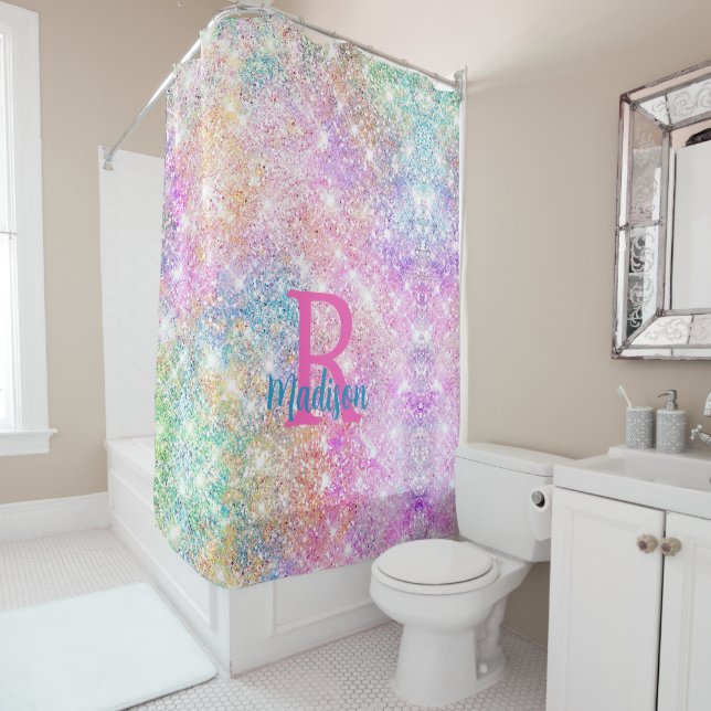 Cute iridescent unicorn pink faux glitter monogram (In Situ)