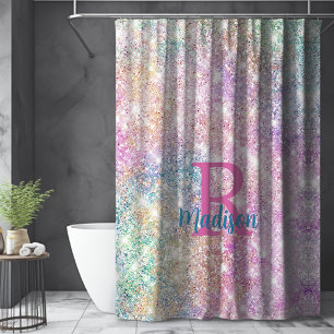 Cute iridescent unicorn pink faux glitter monogram