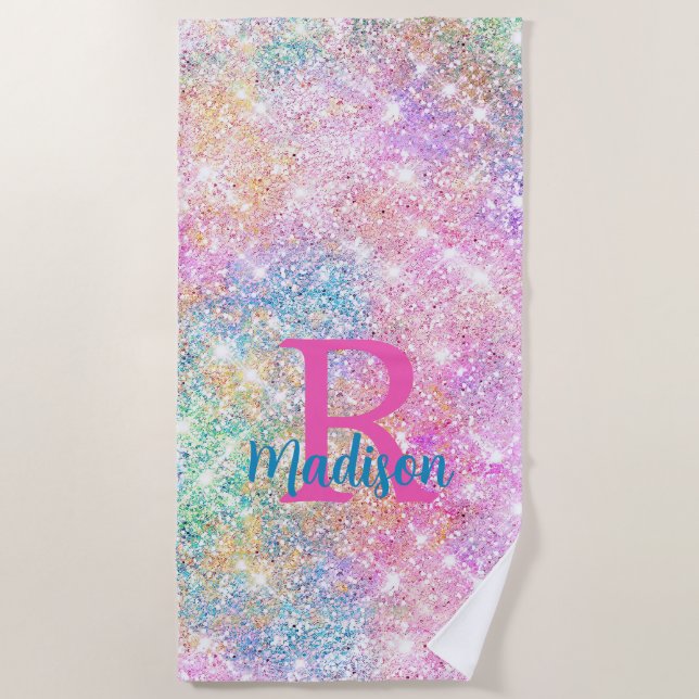Cute iridescent unicorn pink faux glitter monogram beach towel (Front)