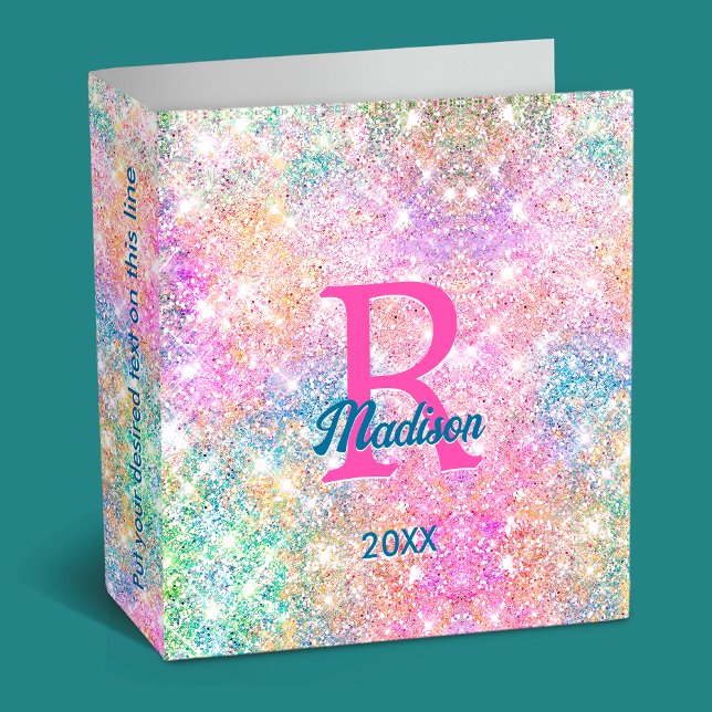 Cute iridescent unicorn pink faux glitter monogram binder (Creator Uploaded)