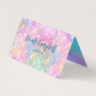 Cute iridescent unicorn pink faux glitter monogram business card