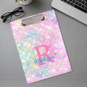 Cute iridescent unicorn pink faux glitter monogram clipboard