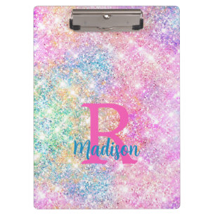 Cute iridescent unicorn pink faux glitter monogram clipboard