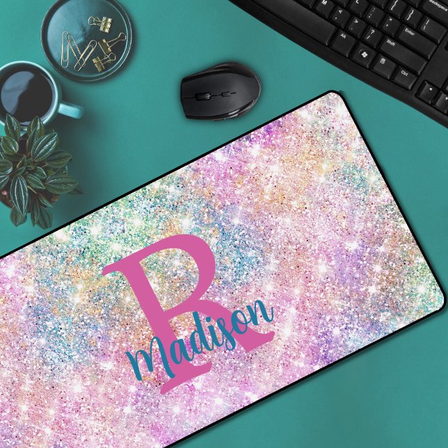 Cute iridescent unicorn pink faux glitter monogram desk mat (Creator Uploaded)