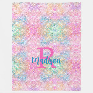 Cute iridescent unicorn pink faux glitter monogram fleece blanket