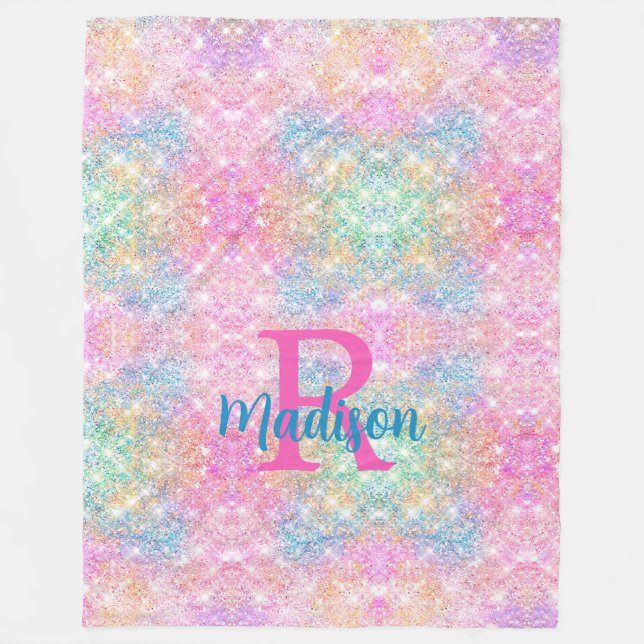 Cute iridescent unicorn pink faux glitter monogram fleece blanket (Front)
