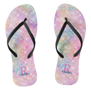 Cute iridescent unicorn pink faux glitter monogram flip flops