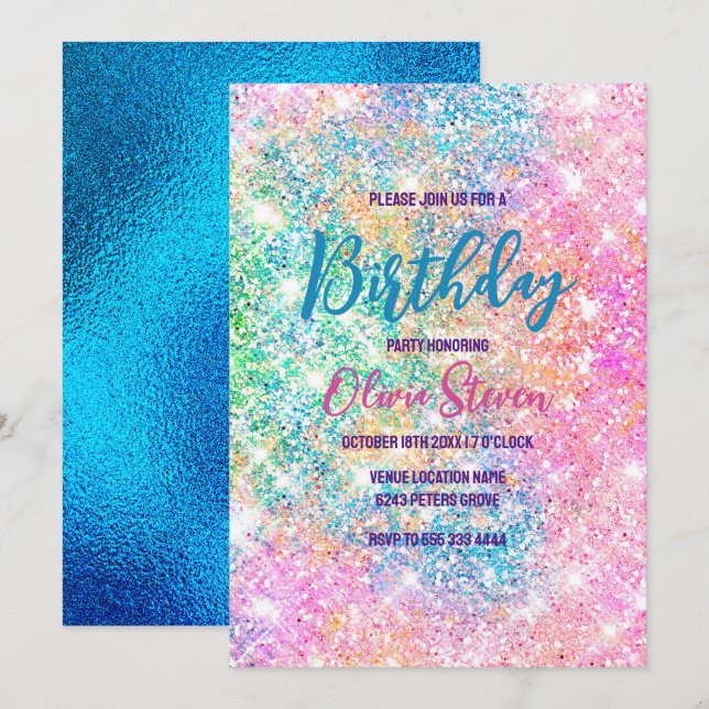 Cute iridescent unicorn pink faux glitter monogram invitation (Front/Back)