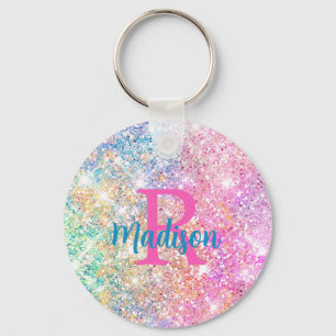 Cute iridescent unicorn pink faux glitter monogram keychain