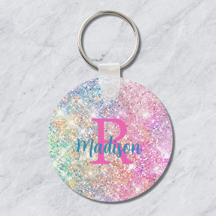 Cute iridescent unicorn pink faux glitter monogram keychain