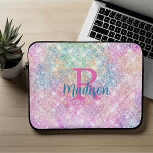 Cute iridescent unicorn pink faux glitter monogram laptop sleeve