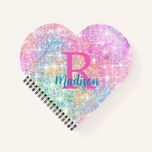 Cute iridescent unicorn pink faux glitter monogram notebook (Front)
