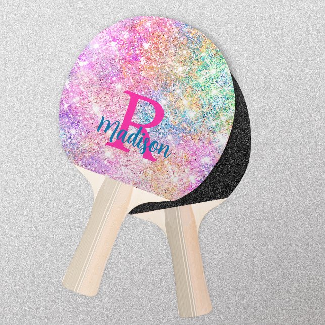 Cute iridescent unicorn pink faux glitter monogram ping pong paddle (Creator Uploaded)