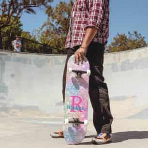 Cute iridescent unicorn pink faux glitter monogram skateboard