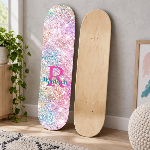 Cute iridescent unicorn pink faux glitter monogram skateboard