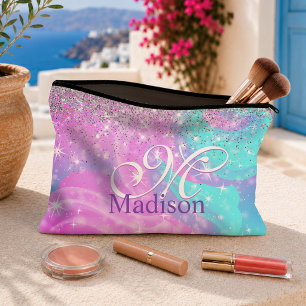 Cute iridescent unicorn silver glitter monogram accessory pouch