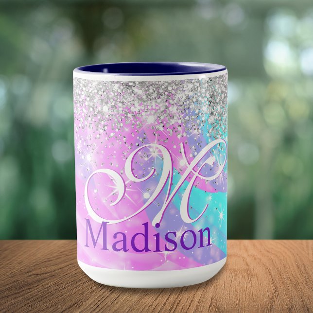 Cute iridescent unicorn silver glitter monogram mug (Creator Uploaded)
