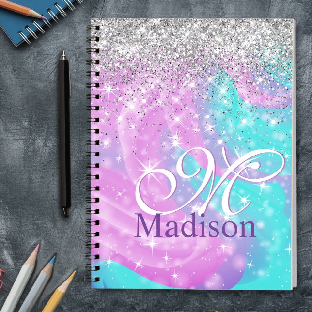 Cute iridescent unicorn silver glitter monogram notebook (Creator Uploaded)