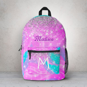 Cute iridescent unicorn silver glitter monogram printed backpack