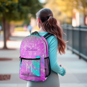 Cute iridescent unicorn silver glitter monogram printed backpack