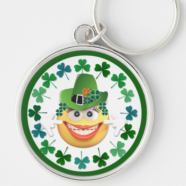 Cute Irish Emoji with Shamrock Key Ring (Front)