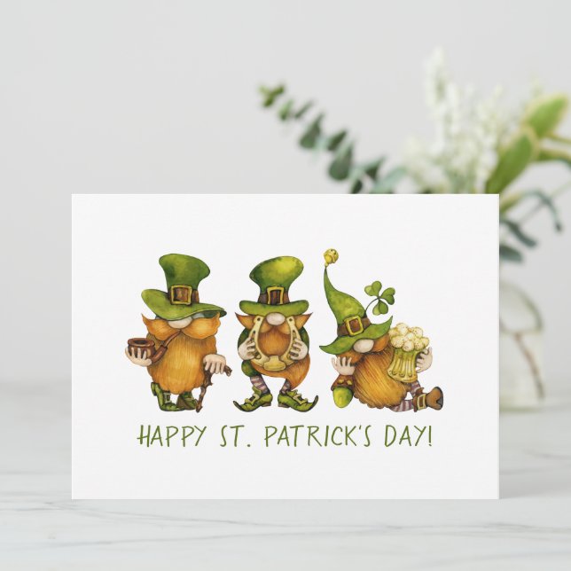 Cute Irish Gnomes Custom St Patrick's Day Holiday Card (Standing Front)