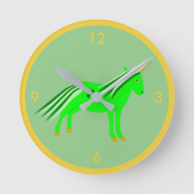 Cute Irish Green and Gold Unicorn Round Clock (Front)