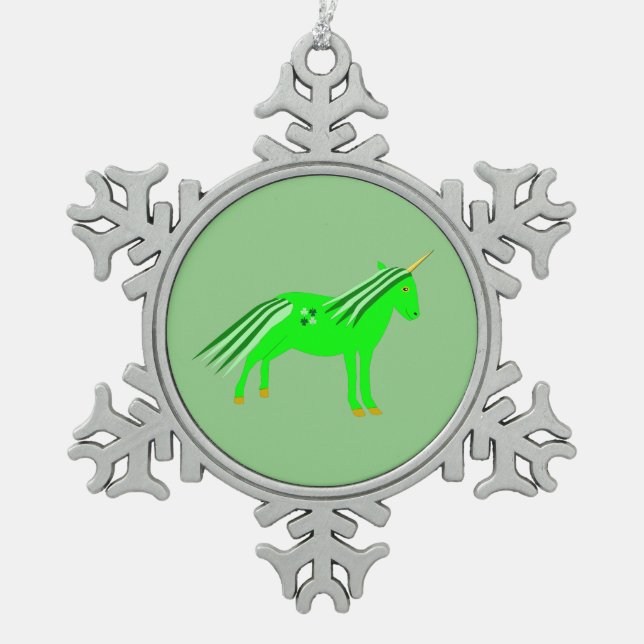 Cute Irish Green and Gold Unicorn Snowflake Pewter Christmas Ornament (Front)