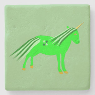 Cute Irish Green and Gold Unicorn Stone Coaster