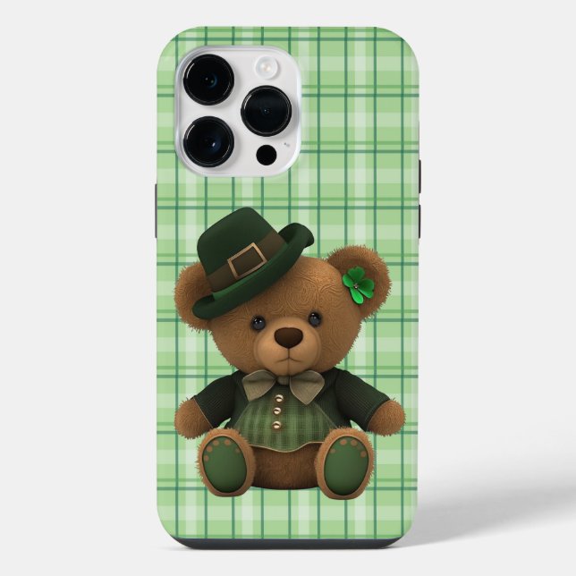 CUTE IRISH TEDDY BEAR WITH GREEN PLAID PATTERN iPhone CASE (Back)
