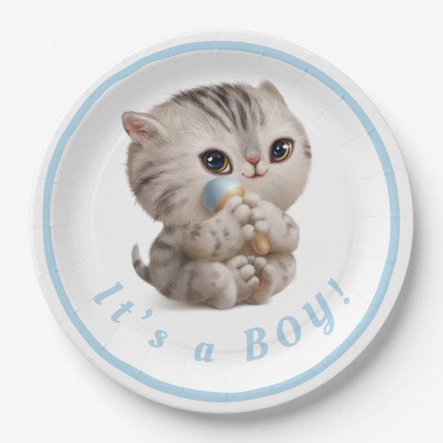 Cute It’s a Boy Kitten Hand Drawn Blue Typography Paper Plate (Front)