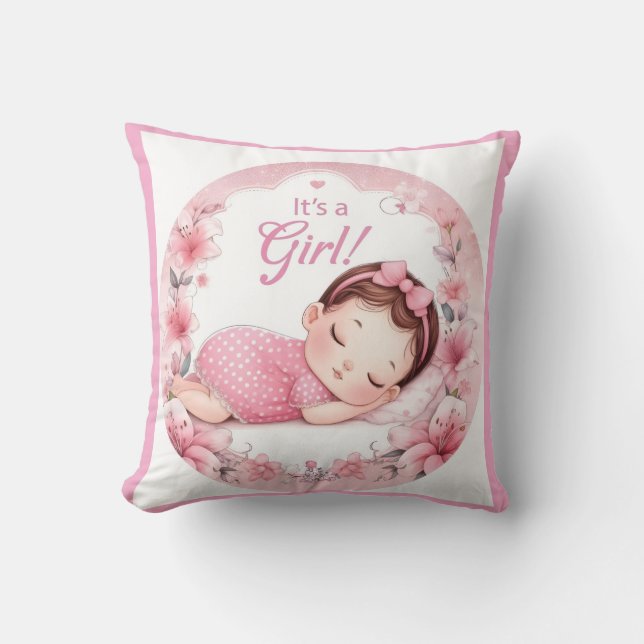 Cute It’s a Girl Baby Announcement  Throw Pillow (Front)