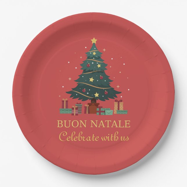 Cute Italian Buon Natale Custom Tree Paper Plate (Front)