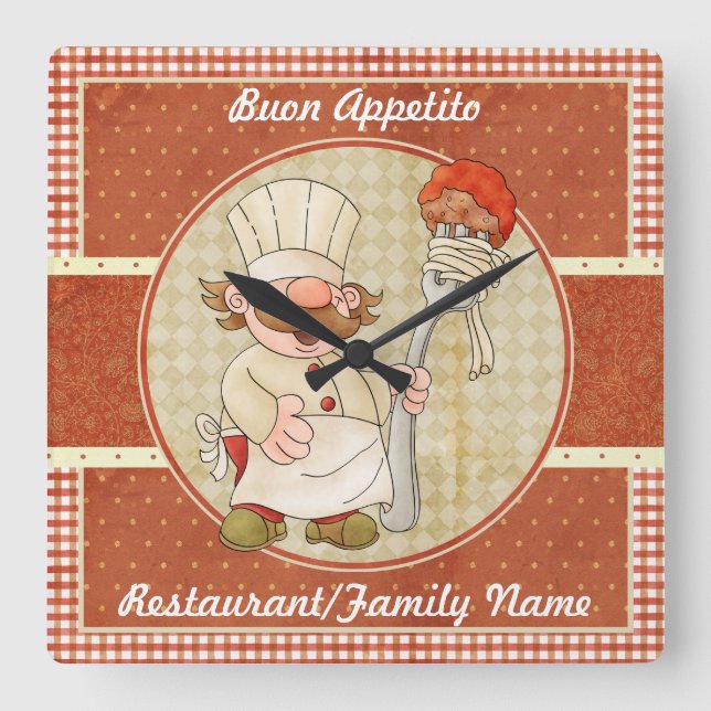 Cute Italian Chef Square Wall Clock (Front)