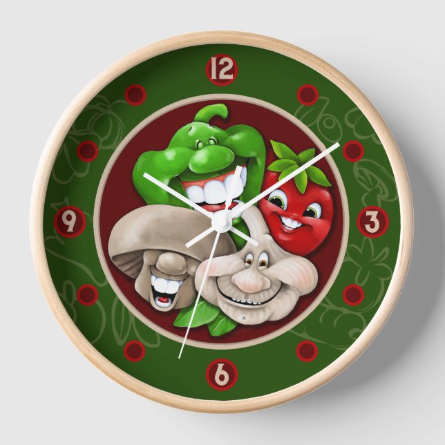 Cute Italian food friends.Garlic.Mushroom.Tomato Clock (Front)