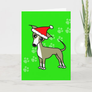Cute Italian Greyhound Cartoon Santa Hat Holiday Card