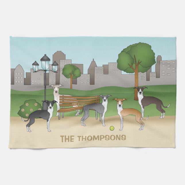 Cute Italian Greyhound Dogs In A Park Cartoon Art Kitchen Towel (Horizontal)