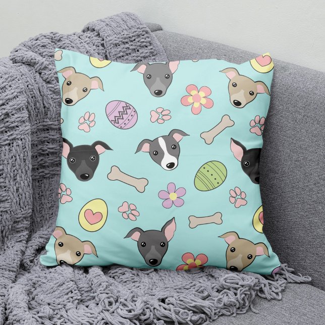 Cute Italian Greyhound Easter eggs Cartoon Pattern Throw Pillow (Creator Uploaded)
