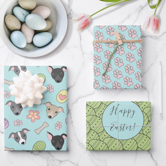 Cute Italian greyhound Easter eggs Paws Pattern Wrapping Paper Sheet (Creator Uploaded)