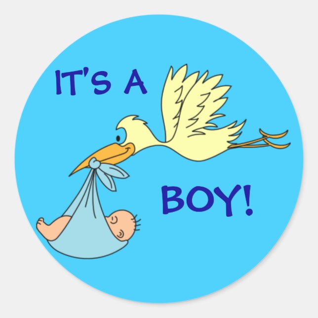 Cute ITS A BOY Newborn Baby Stork Blue Classic Round Sticker (Front)