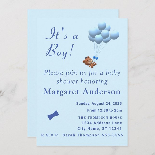 Cute It's a Boy Teddy Bear and Balloons Theme Invi Invitation (Creator Uploaded)