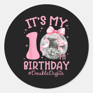 Cute It's My 10th Birthday Girl Coquette Bow Disco Classic Round Sticker
