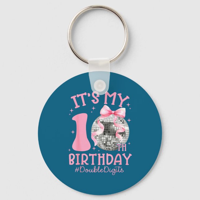 Cute It's My 10th Birthday Girl Coquette Bow Disco Keychain (Front)