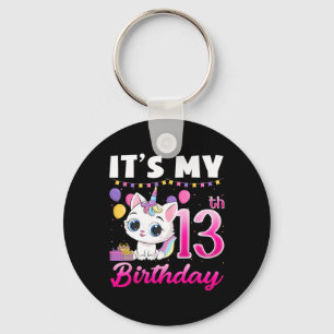 Cute It's My 13th Birthday Cat Unicorn 13 Years Ol Keychain